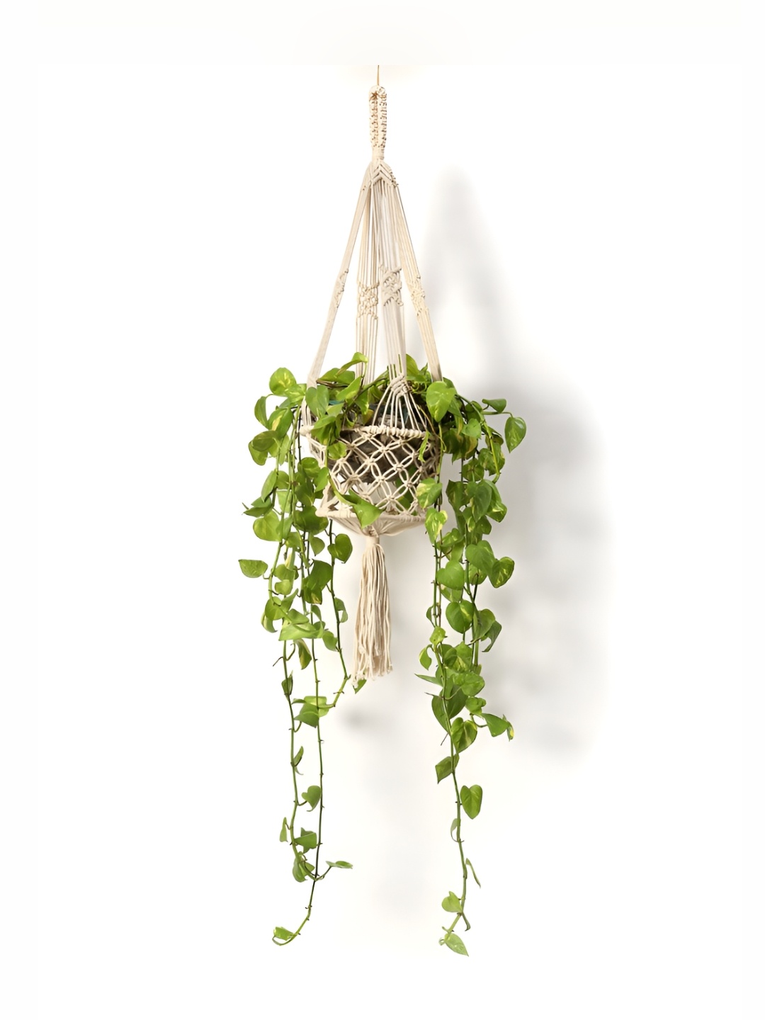 

DULI Off White Self Design Boho Macrame Cotton Basket Planter Wall Decor Hanging
