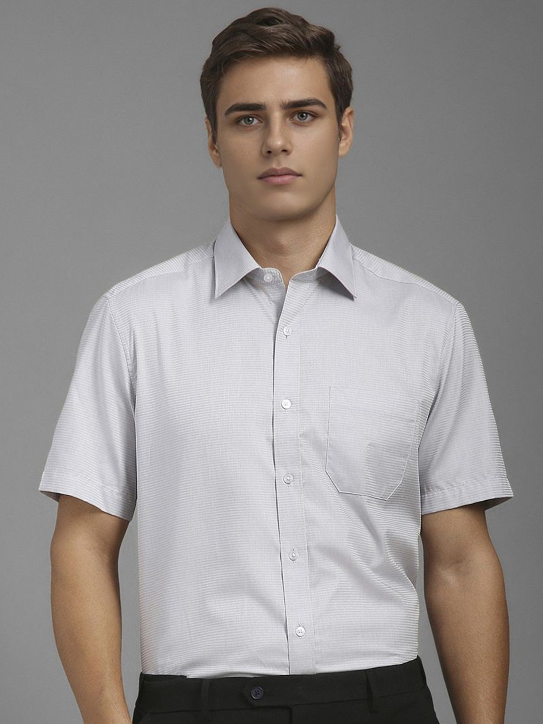 

Louis Philippe Men Classic Fit Spread Collar Solid Cotton Formal Shirt, Grey