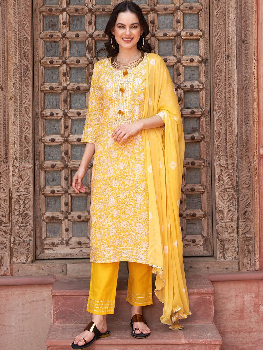 

Sangria Yellow Floral Printed Gotta Patti Work Pure Cotton Kurta With Trouser And Dupatta, Mustard