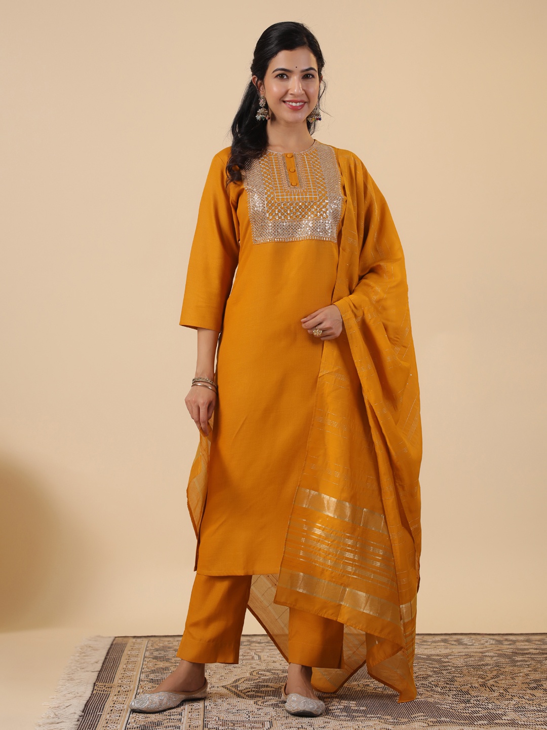 

Janasya Women Embroidered Regular Sequinned Pure Cotton Kurta with Trousers & With Dupatta, Mustard