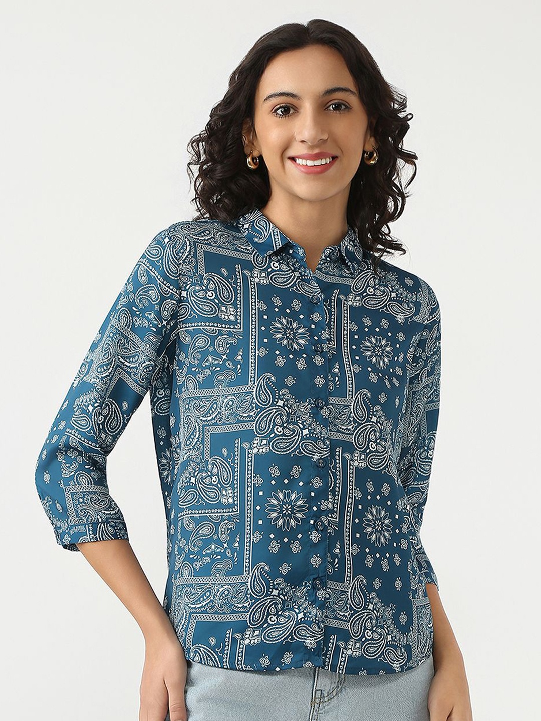 

Kraus Jeans Women Slim Fit Spread Collar Ethnic Motifs Printed Casual Shirt, Teal