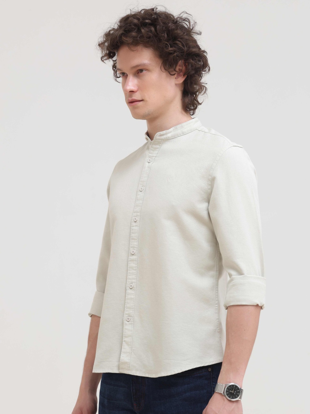 

Grit and Flair Men Comfort Slim Fit Mandarin Collar Solid Cotton Casual Shirt, Off white