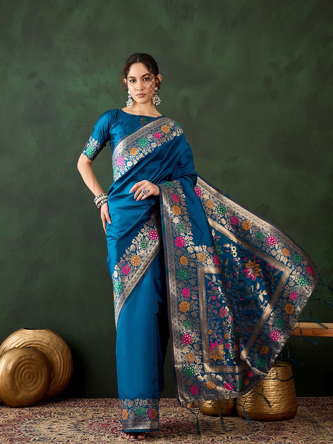 

KALINI Floral Woven Design Zari Banarasi Saree, Teal