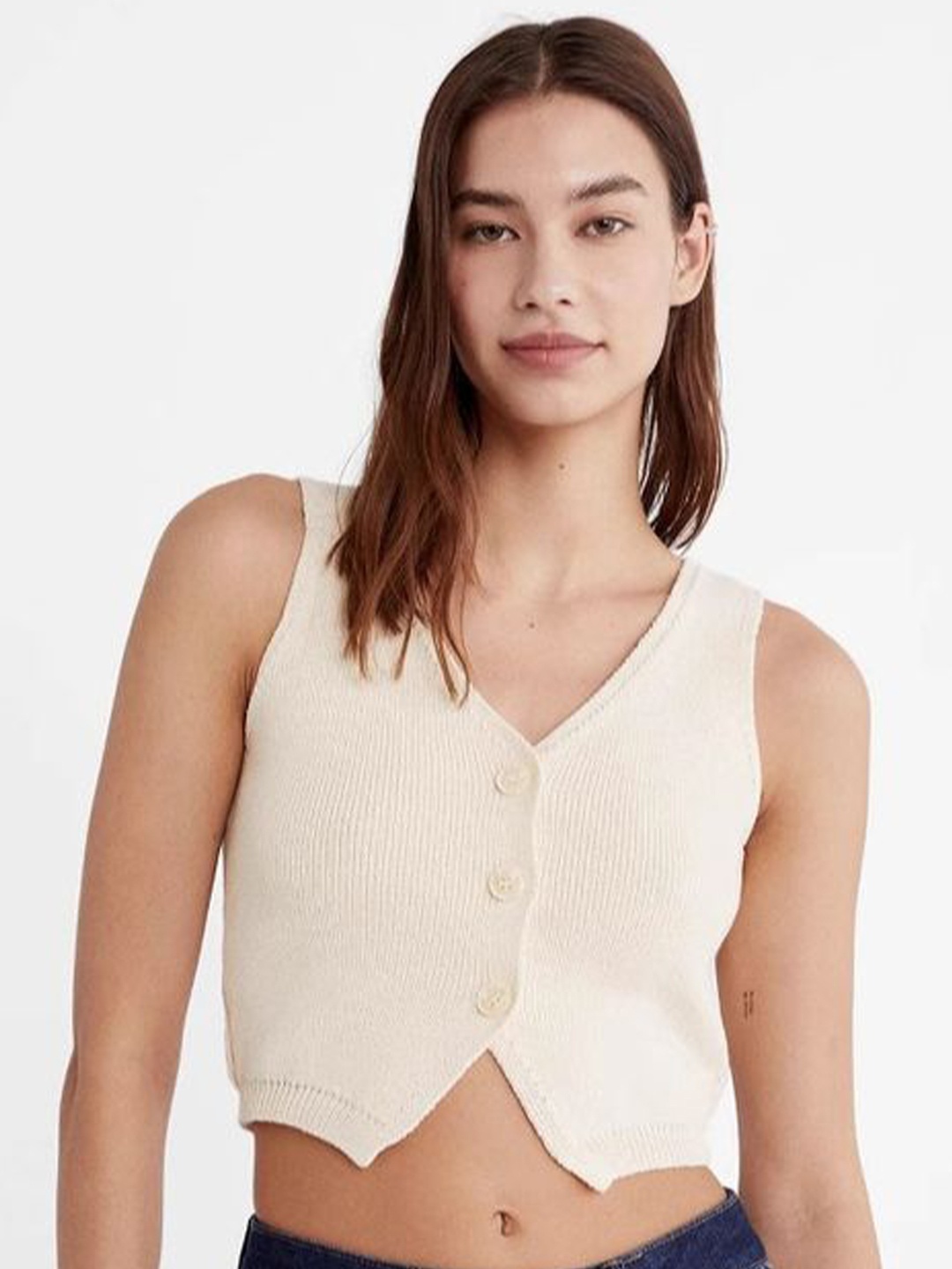 

LULU & SKY Button-up Sleeveless Fitted Crop Top, White