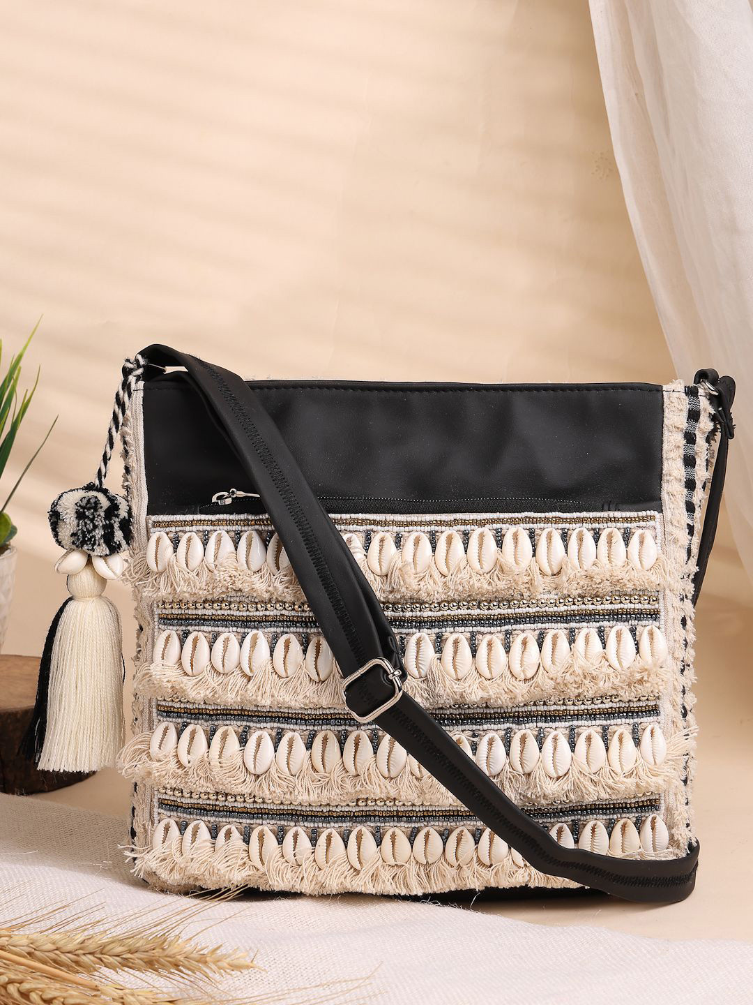 

Anekaant Boho Textured Tasselled Cotton Jacquard Lace Sling Bag, Beige