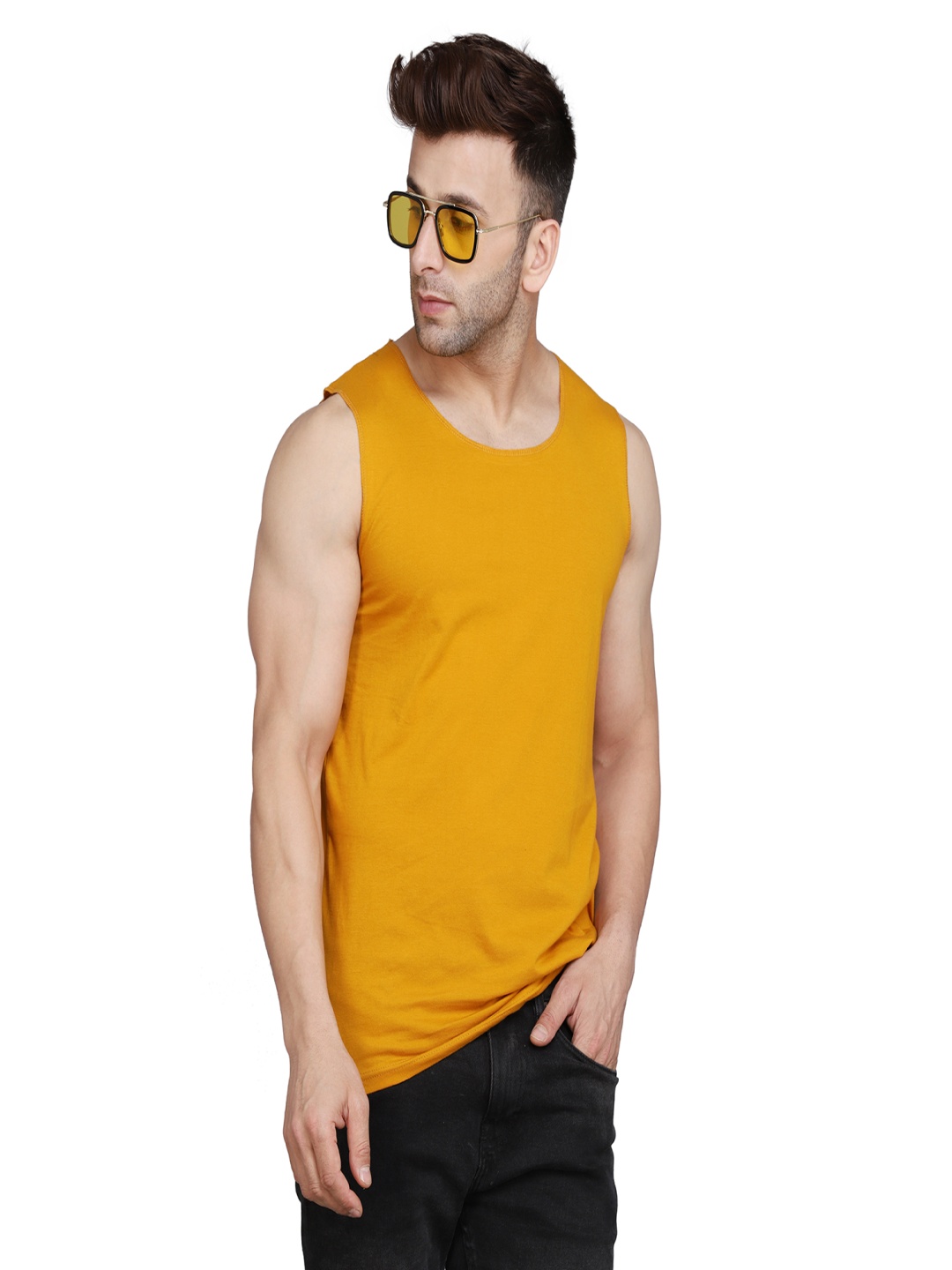 

WOOSTRO Men Pack Of 2 Solid Round Neck Cotton Slim Fit T-shirts, Mustard