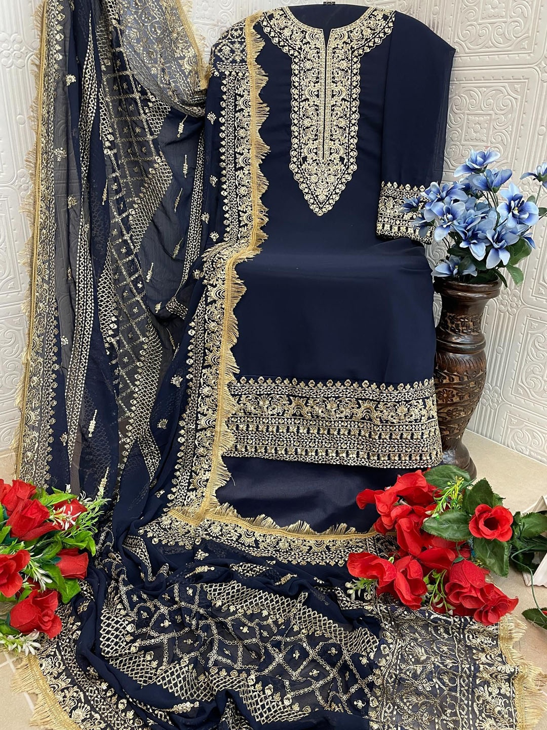 

ANAMSA Ethnic Motifs Zari Embroidered Semi-Stitched Dress Material, Navy blue