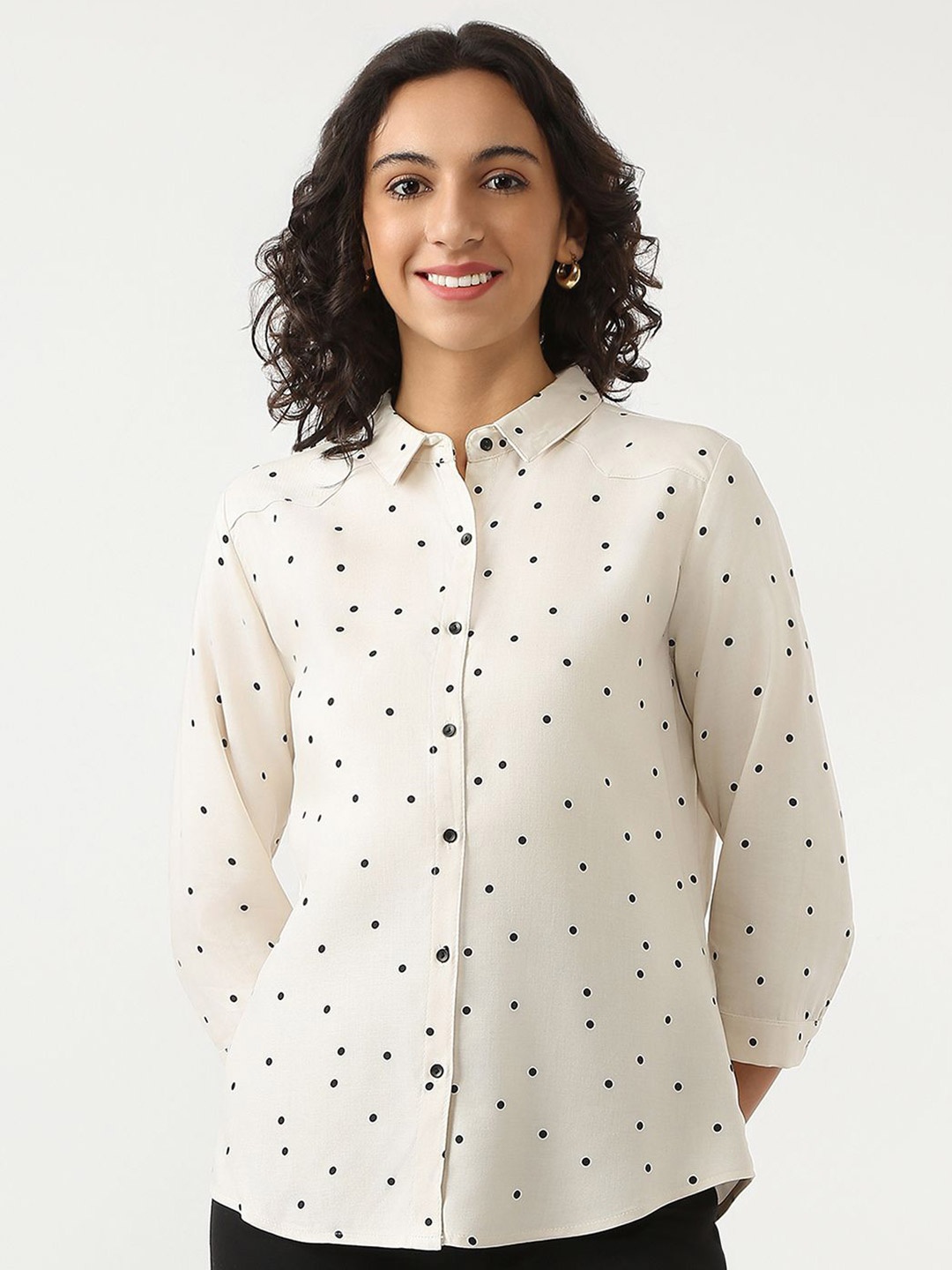 

Kraus Jeans Women Slim Fit Spread Collar Polka Dots Printed Casual Shirt, White