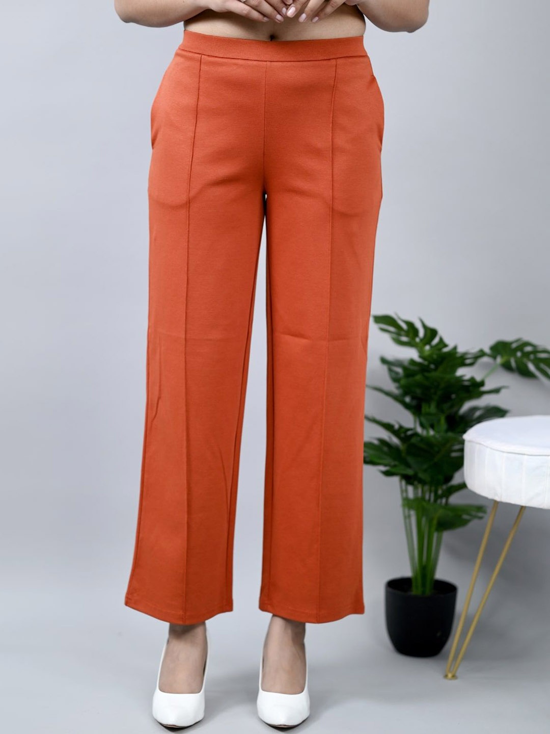 

Mlada Women Plus Size Wide Leg Flared Mid-Rise Stretchable Trouser, Rust