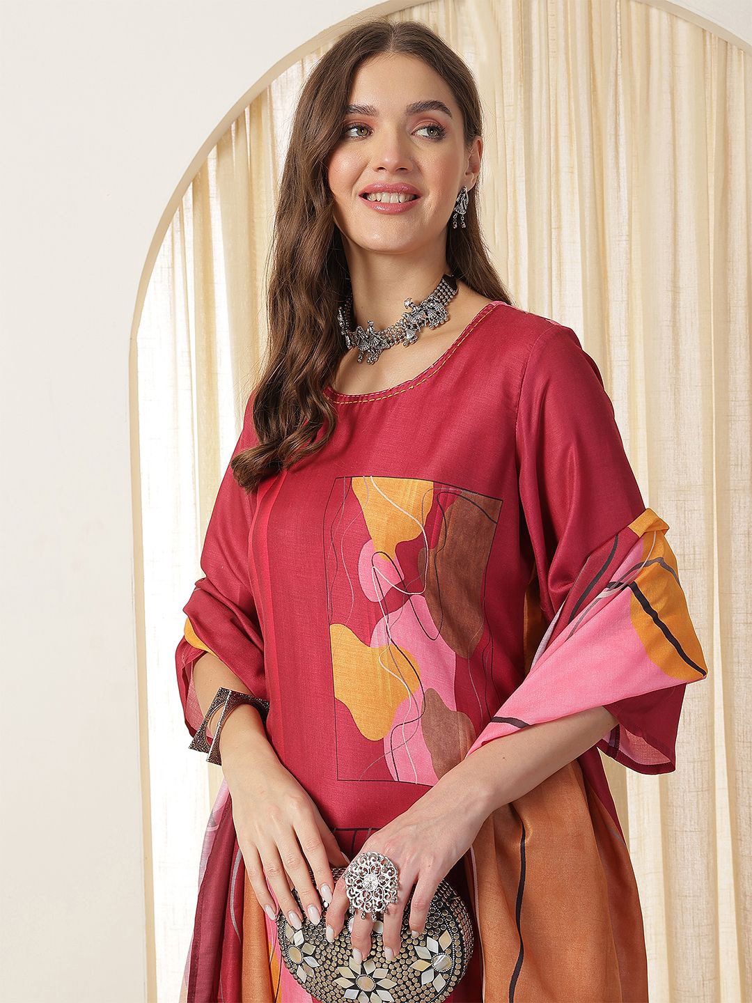

Anouk Maroon Abstract Printed Round Neck Pure Silk Straight Kurta With Trousers & Dupatta