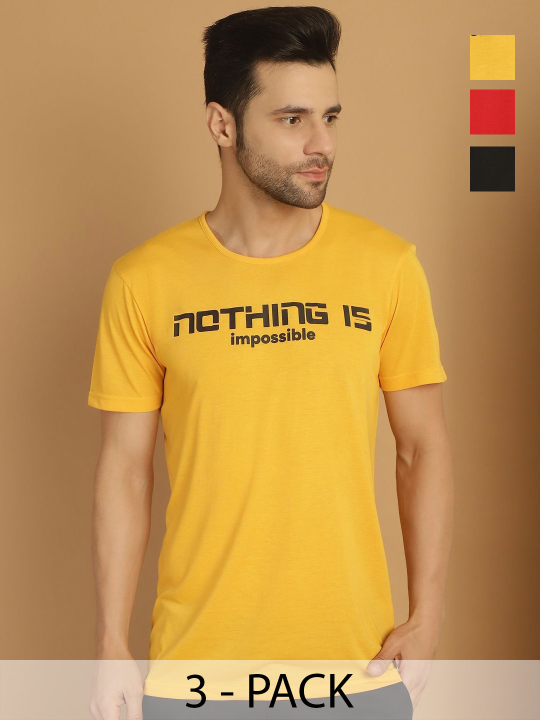

VIMAL JONNEY Men Pack Of 3 Typography Printed Round Neck Cotton T-shirts, Mustard