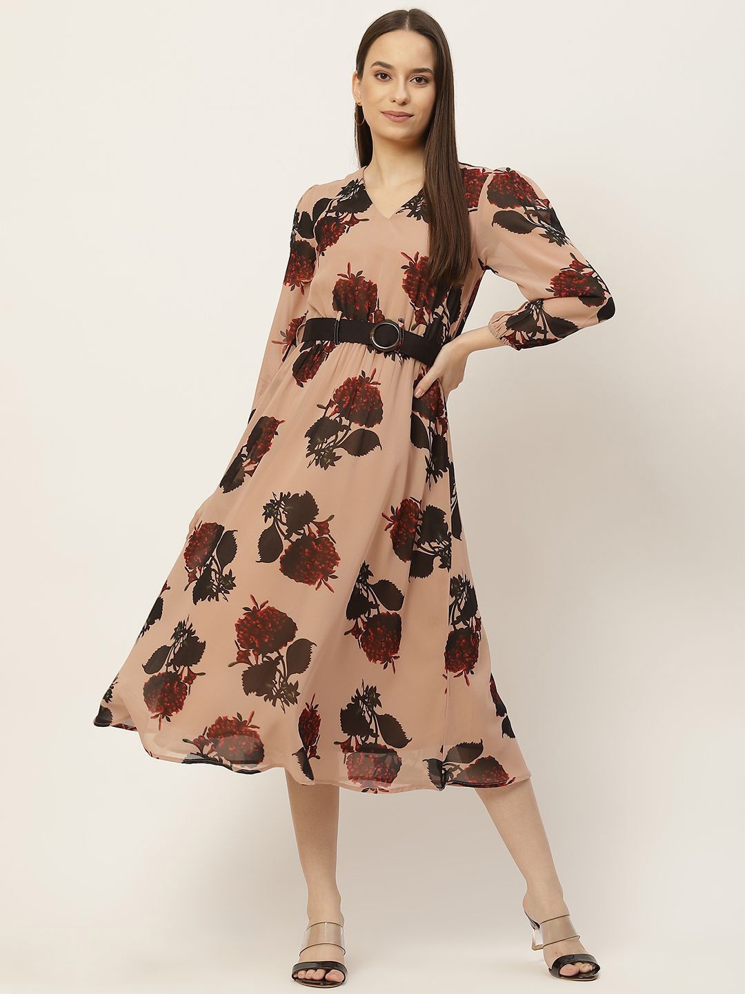 

Moda Rapido Floral Print Puff Sleeve Georgette Fit & Flare Midi Dress, Peach