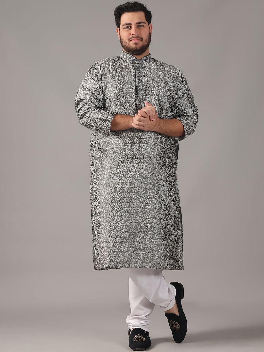 

SOJANYA PLUS Size Paisely Printed Band Collar Straight Kurta, Grey