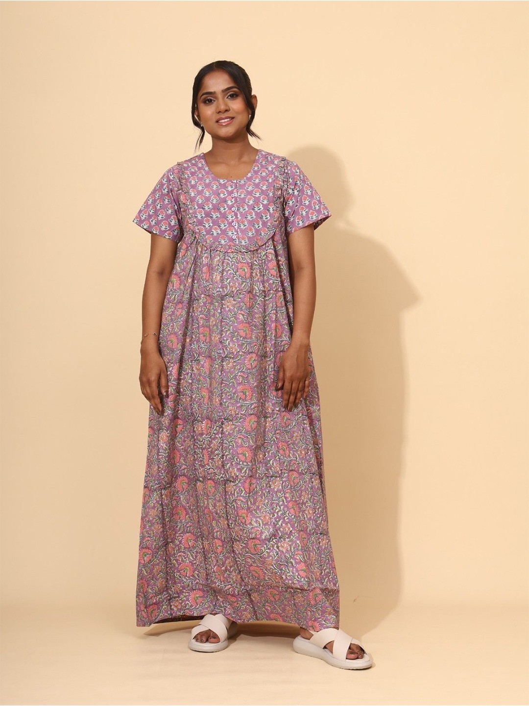 

YELLOW BLOOM Women Printed Pure Cotton Maxi Nightdress, Purple
