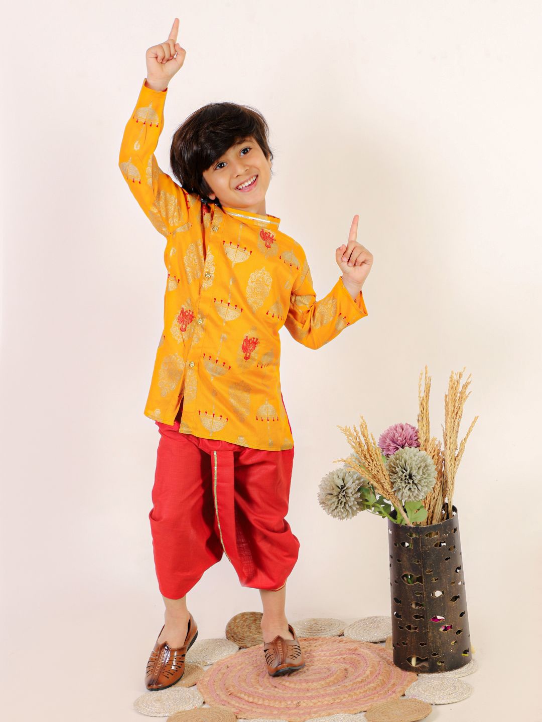 

Superminis Boys Ethnic Motifs Printed Angrakha Pure Cotton Straight Kurta With Dhoti Pants, Yellow