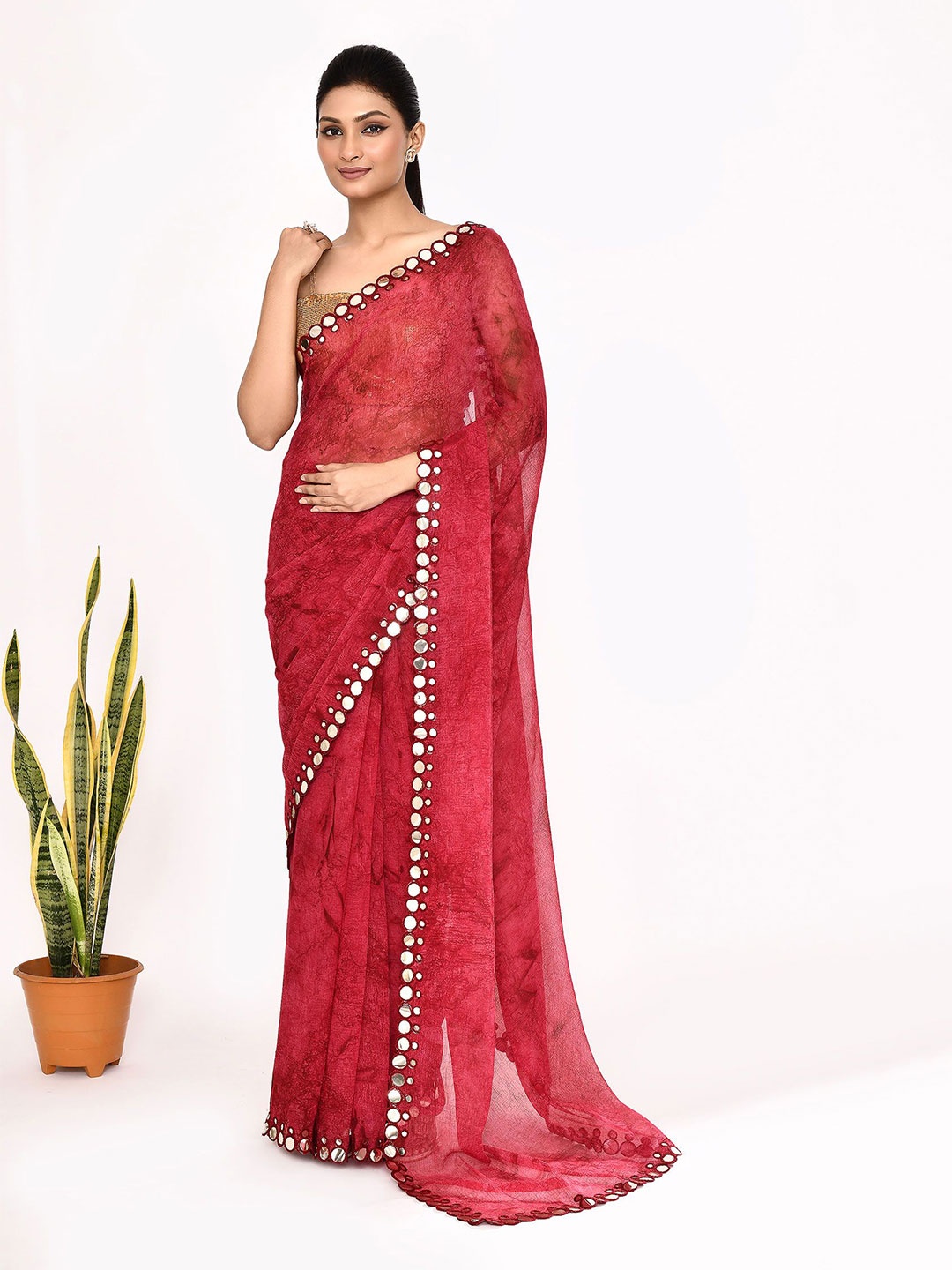 

Manu Designer Tie and Dye Beads and Stones Pure Chiffon Saree, Maroon