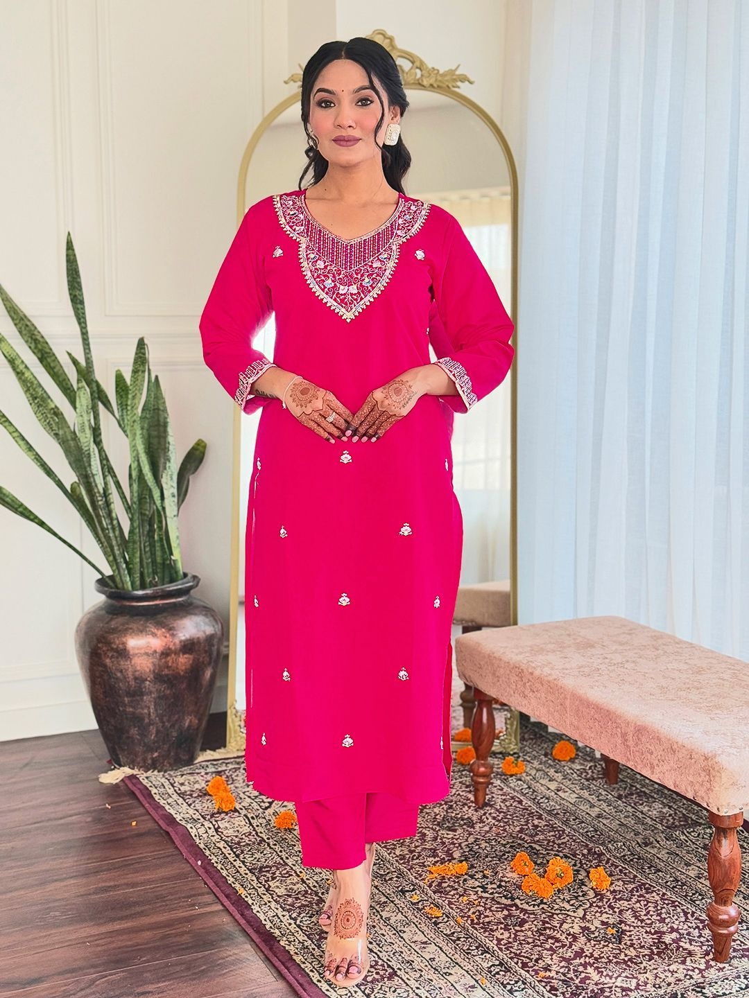 

KAUTIK FABRICS Floral Embroidered Chanderi Silk Kurta With Trousers And Dupatta, Pink