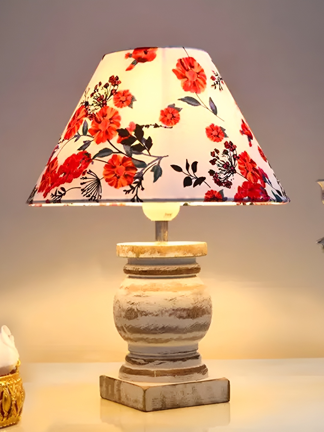 

Homesake White & Red Floral Printed Wooden Frustum Shaped Table Lamp