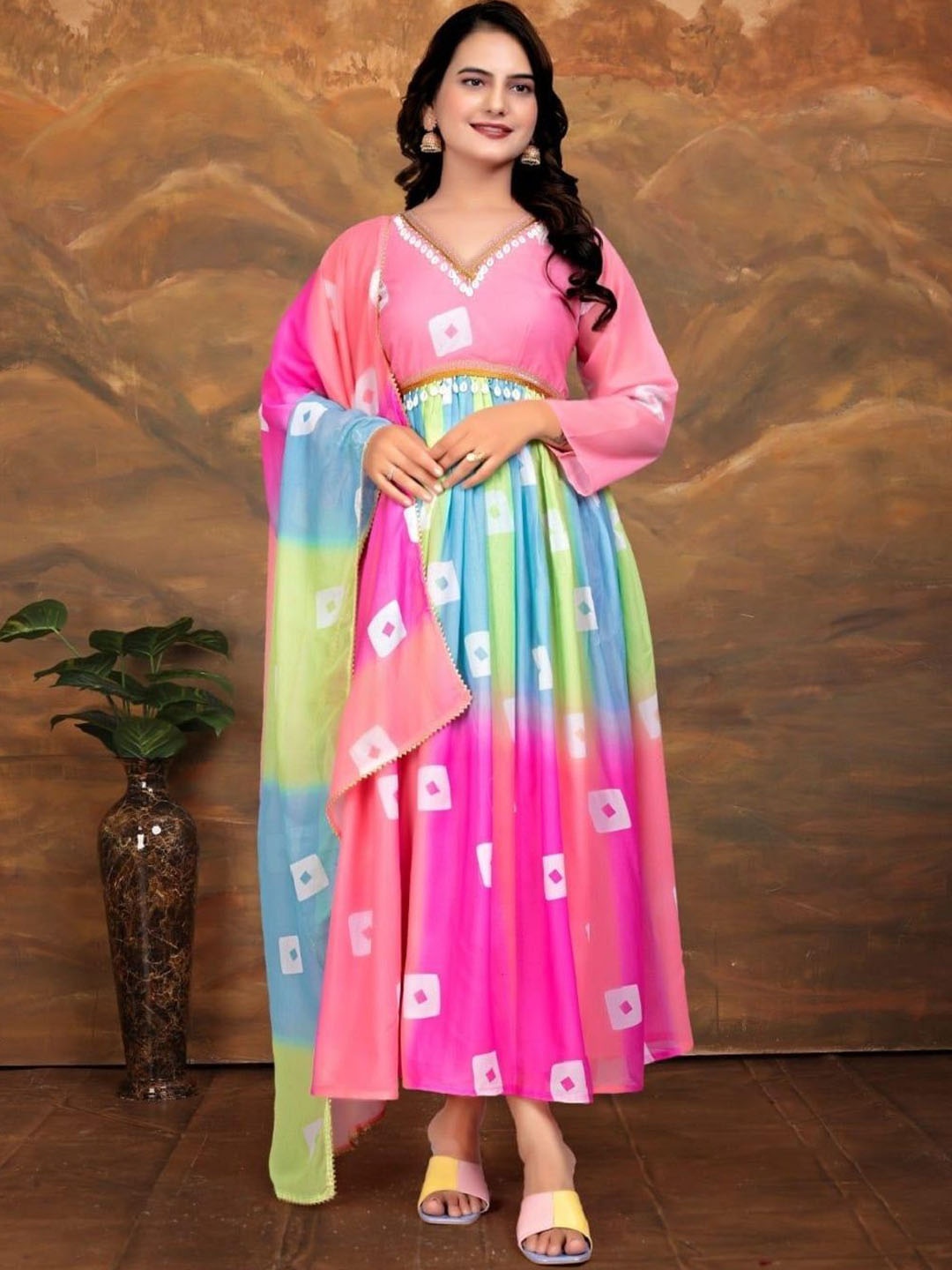 

Moda Rapido Bandhani Printed V-Neck Anarkali Kurta With Trouser & Dupatta, Blue