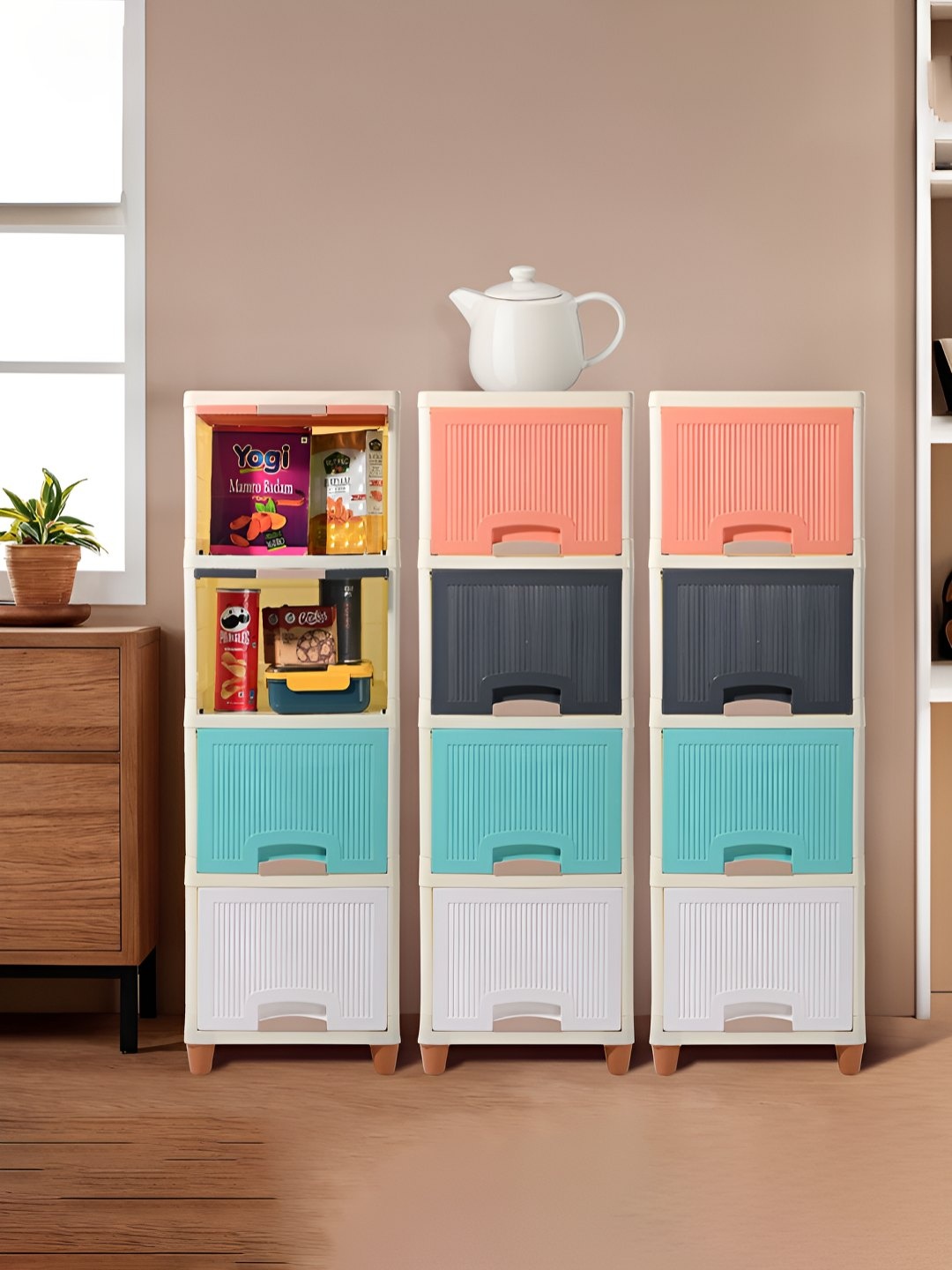 

Kuber Industries White & Blue 3 Pieces Striped 12 Unit Foldable Cupboard Storage Organizer