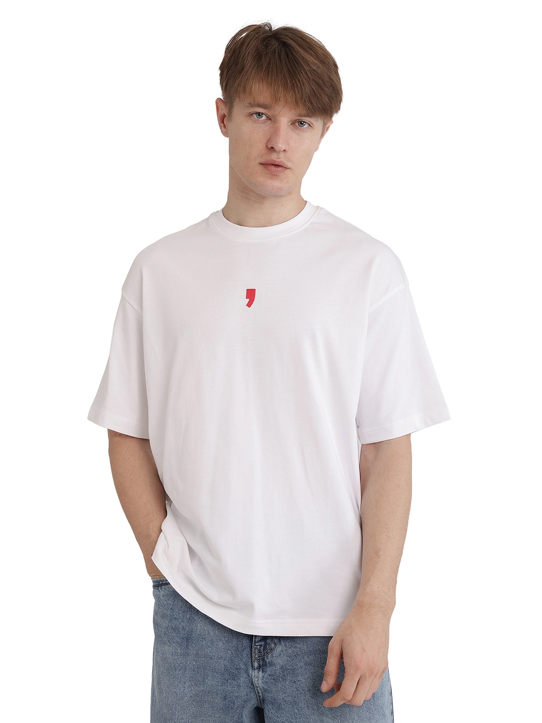 

RARE RABBIT Men Graphic Printed Round Neck Cotton Oversized T-shirt, White