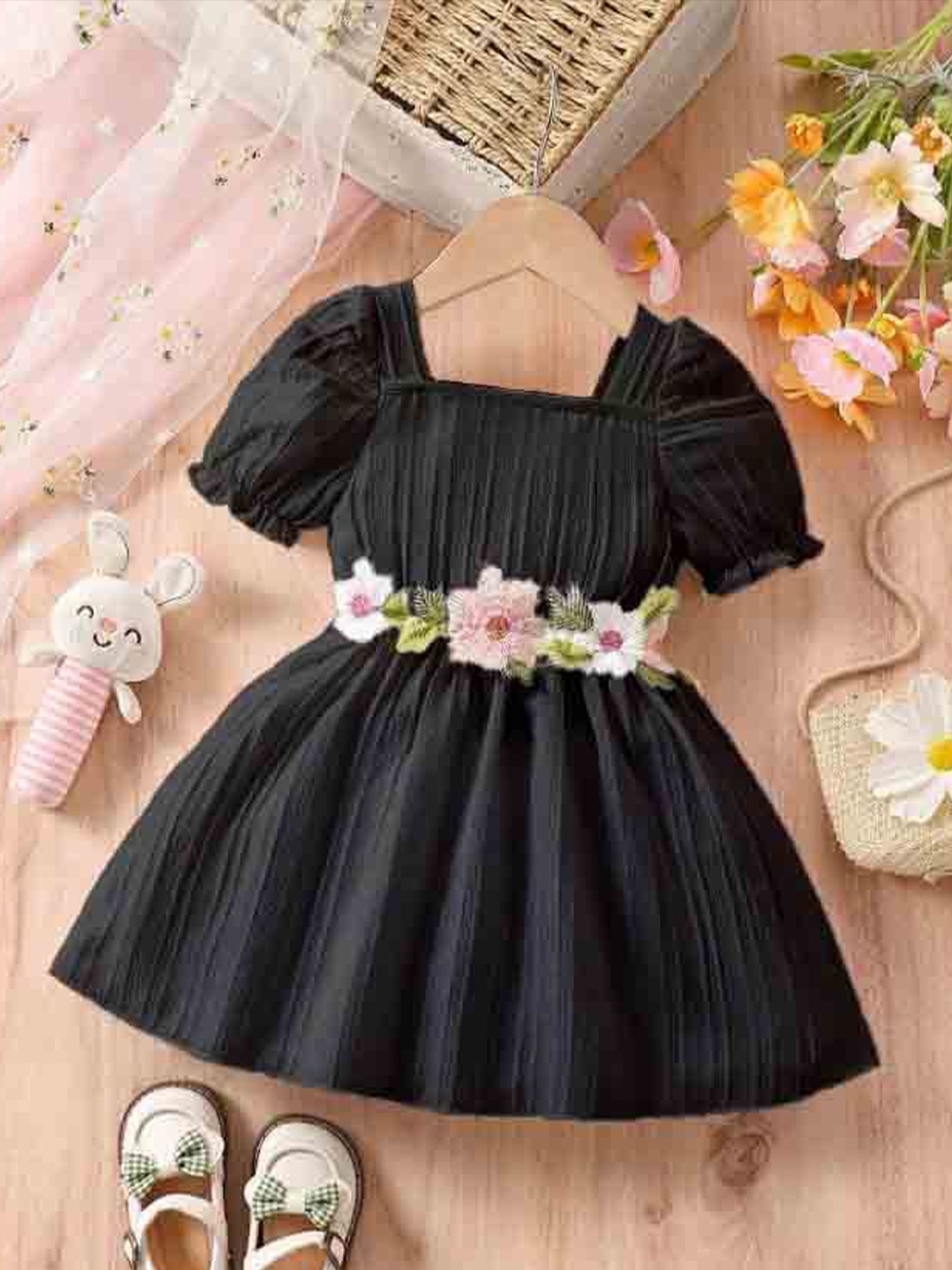 

BAESD Girls Ruffled Fit & Flare Dress with floral waist belt, Black