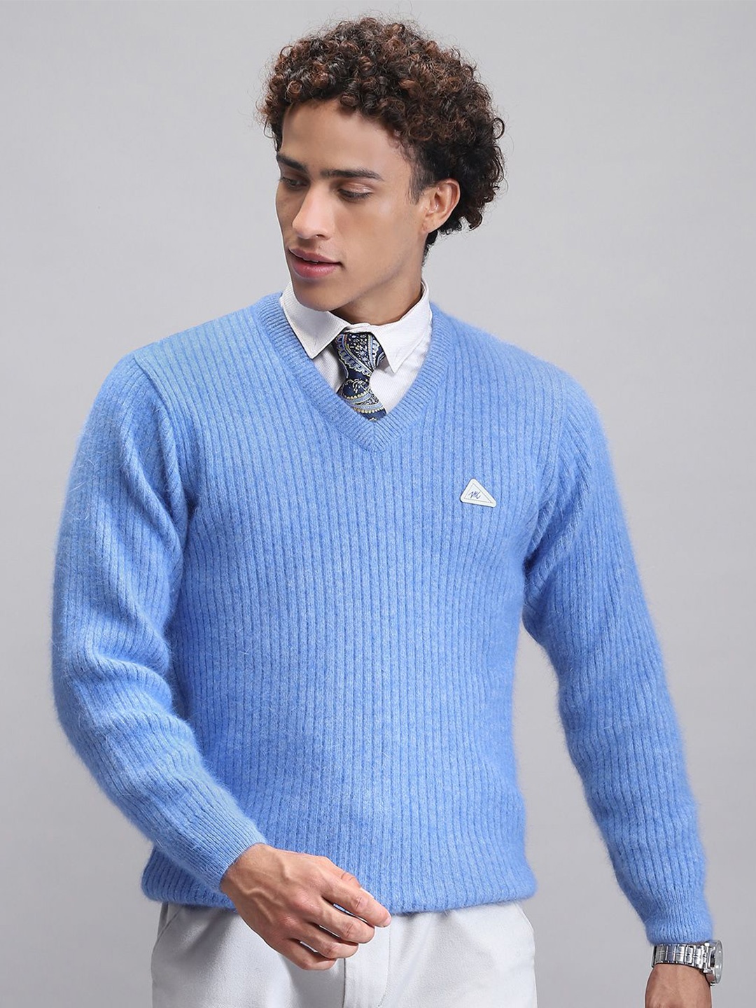 

Monte Carlo Men Self Design Striped Pullover Sweaters, Blue