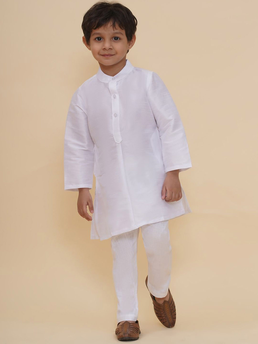 

Sethukrishna Boys Band Collar Dupion Silk Straight Kurta With Pyjamas, White