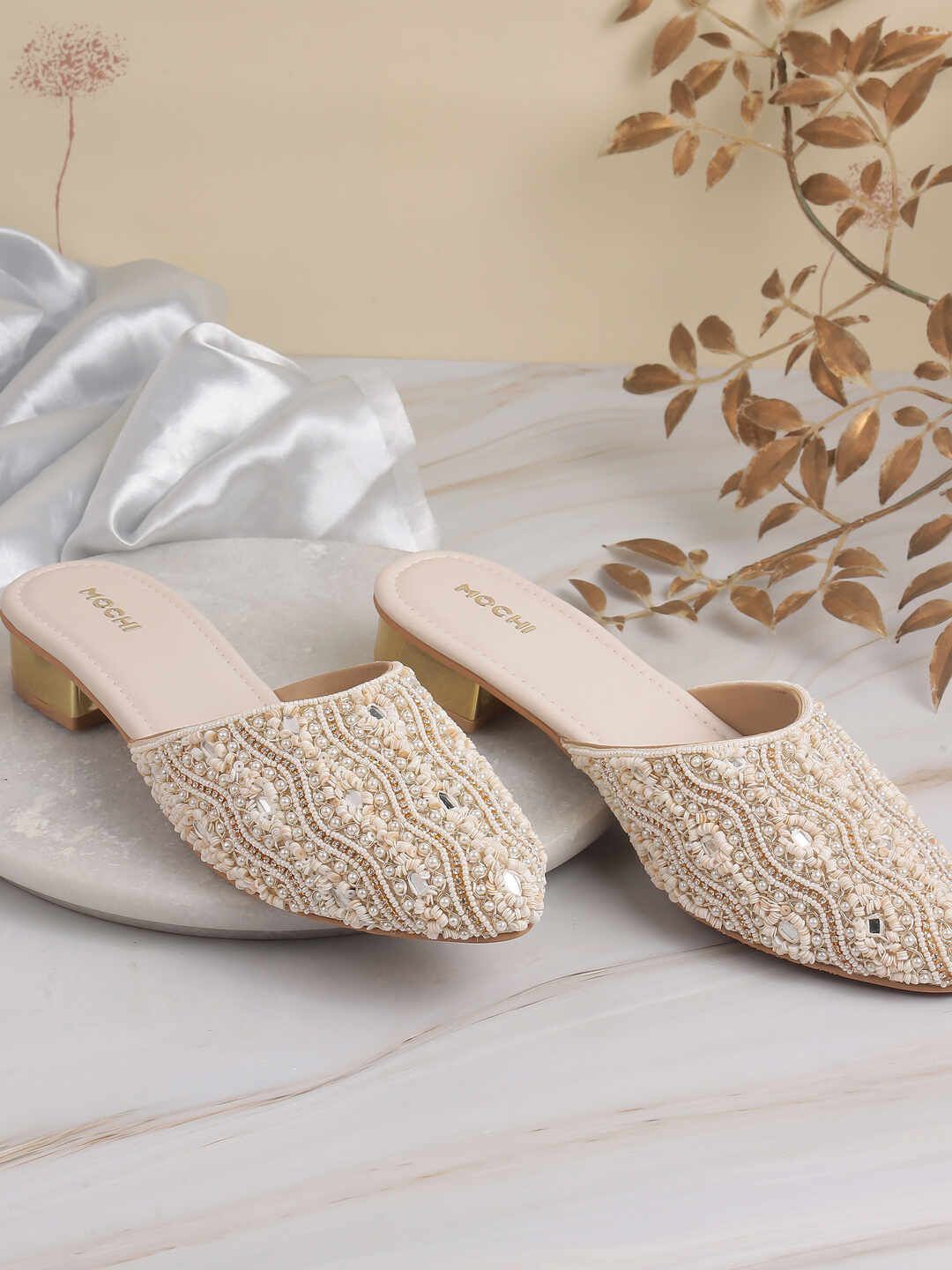 

Mochi Embellished Stiletto Mules, Beige