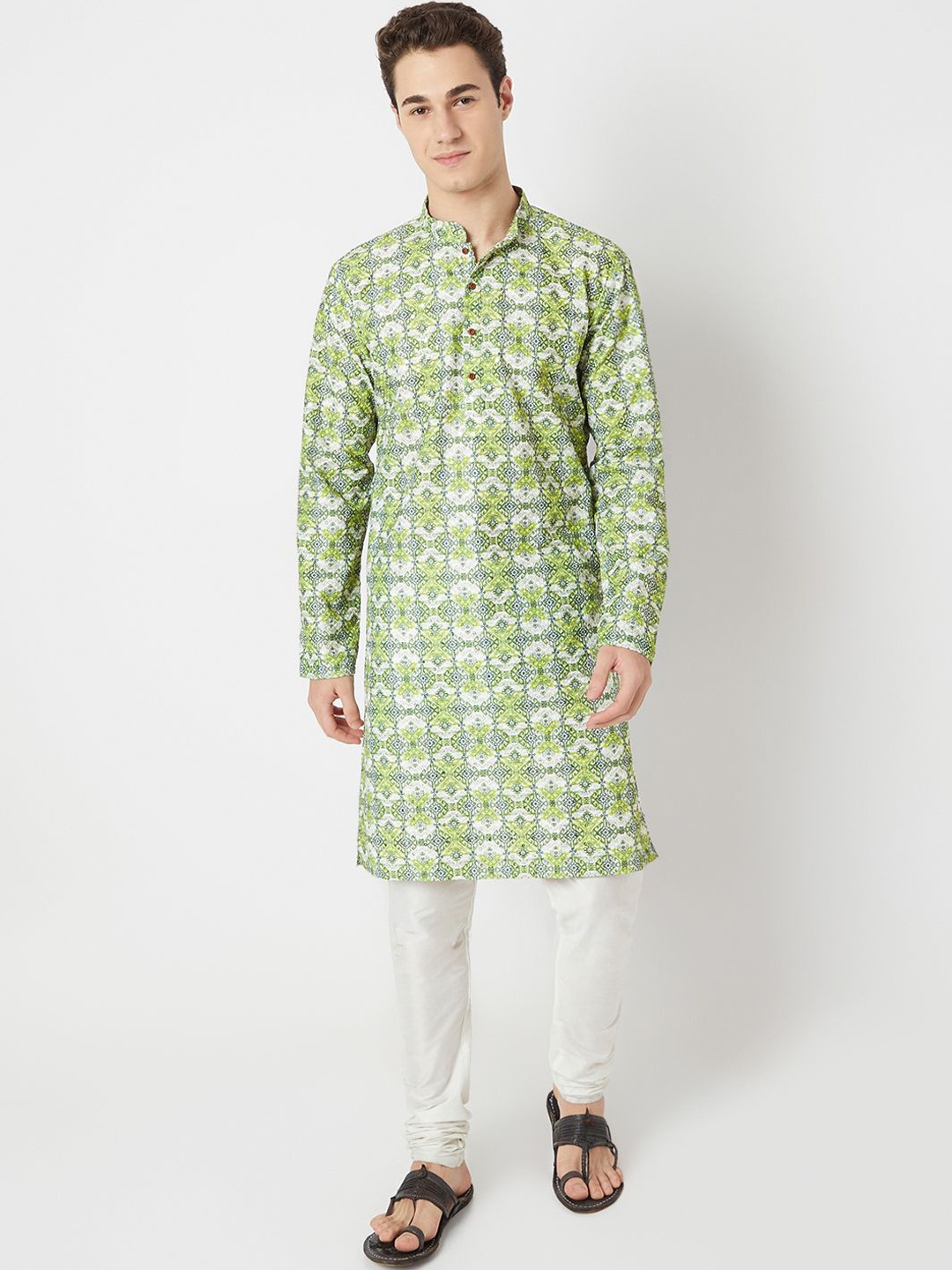 

BELLAZO Ethnic Motifs Printed Mandarin Collar Cotton Straight Kurta, Green