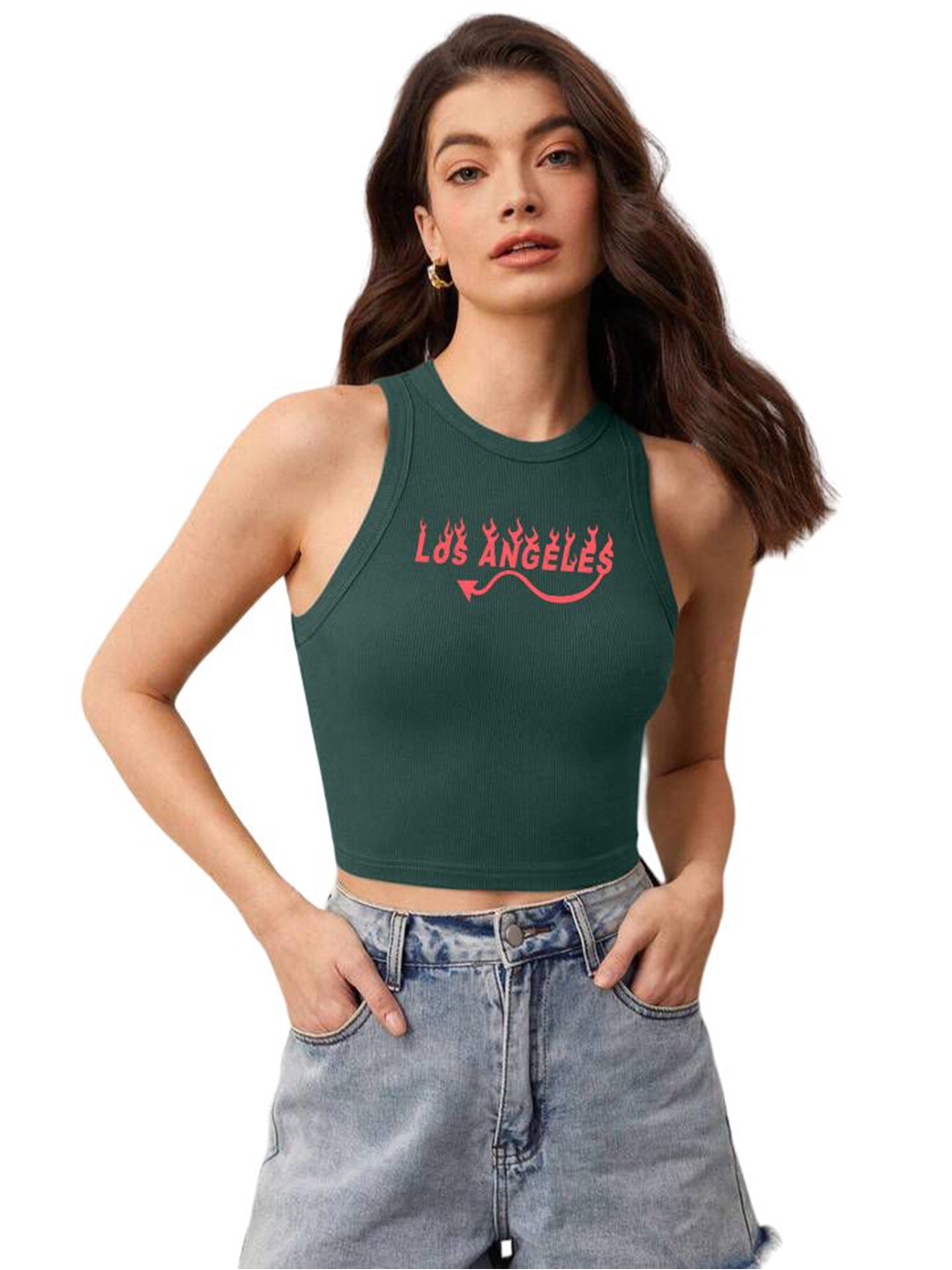 

The Roadster Lifestyle Co Printed Sleeveless Stretchable Crop Top, Green