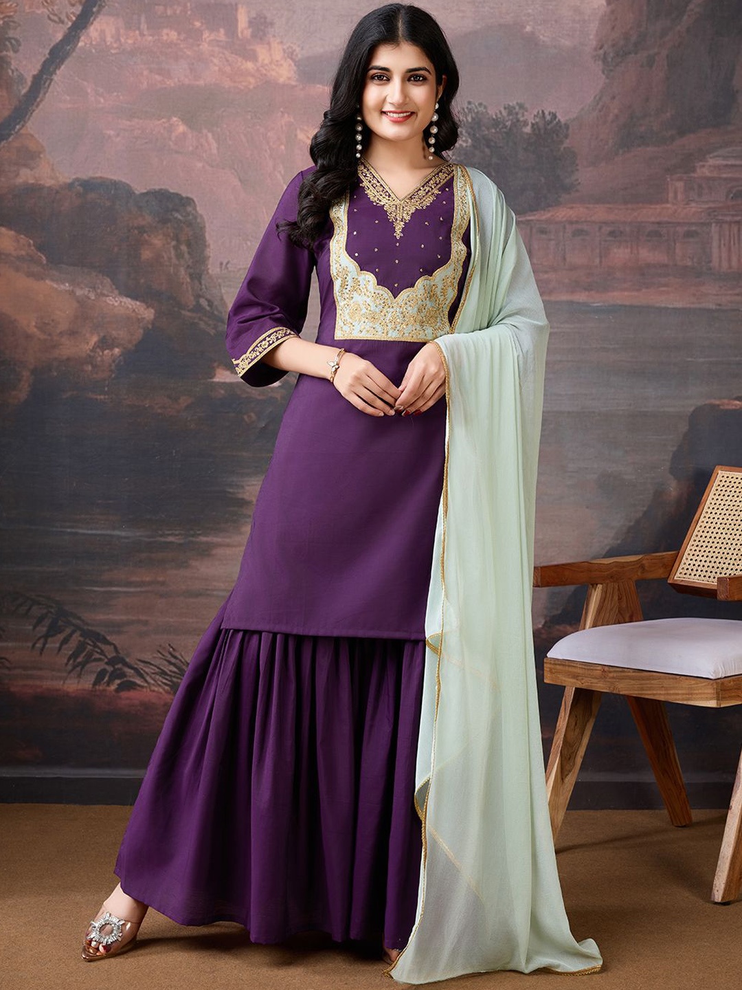

House of Pataudi Floral Embroidered V-Neck Straight Kurta With Sharara & Dupatta, Purple