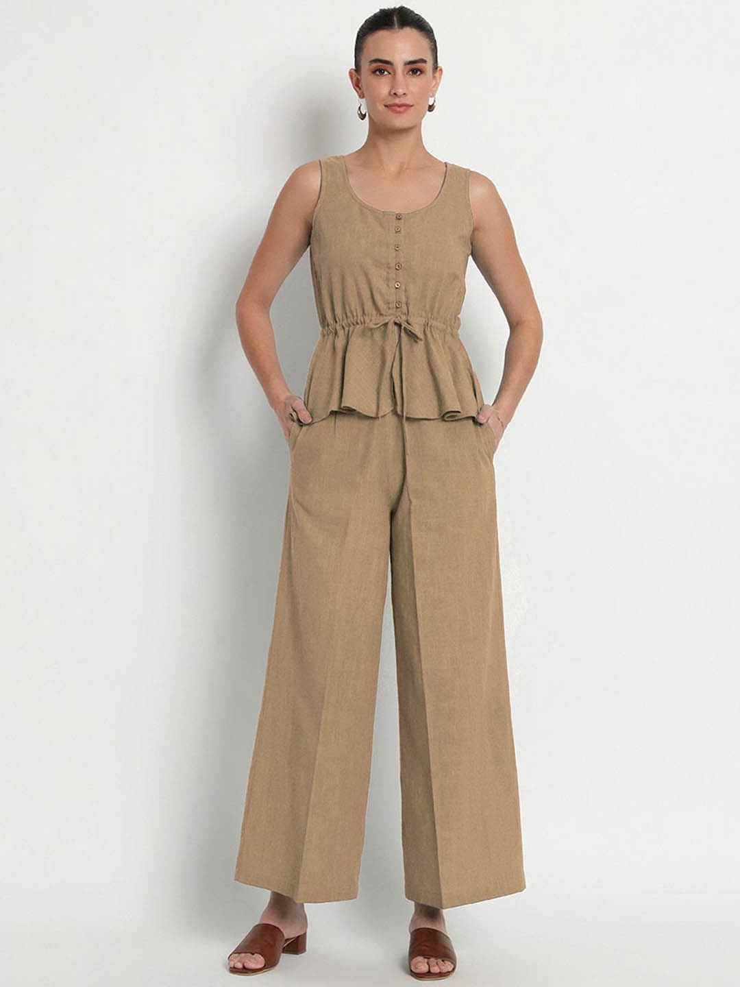 

Thevasa Paradise Round Neck Pure Cotton Peplum Top With Trouser, Beige