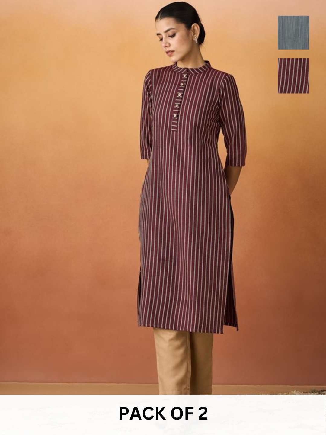 

KALINI Selection Of 2 Striped Round Neck Straight Kurtas, Maroon