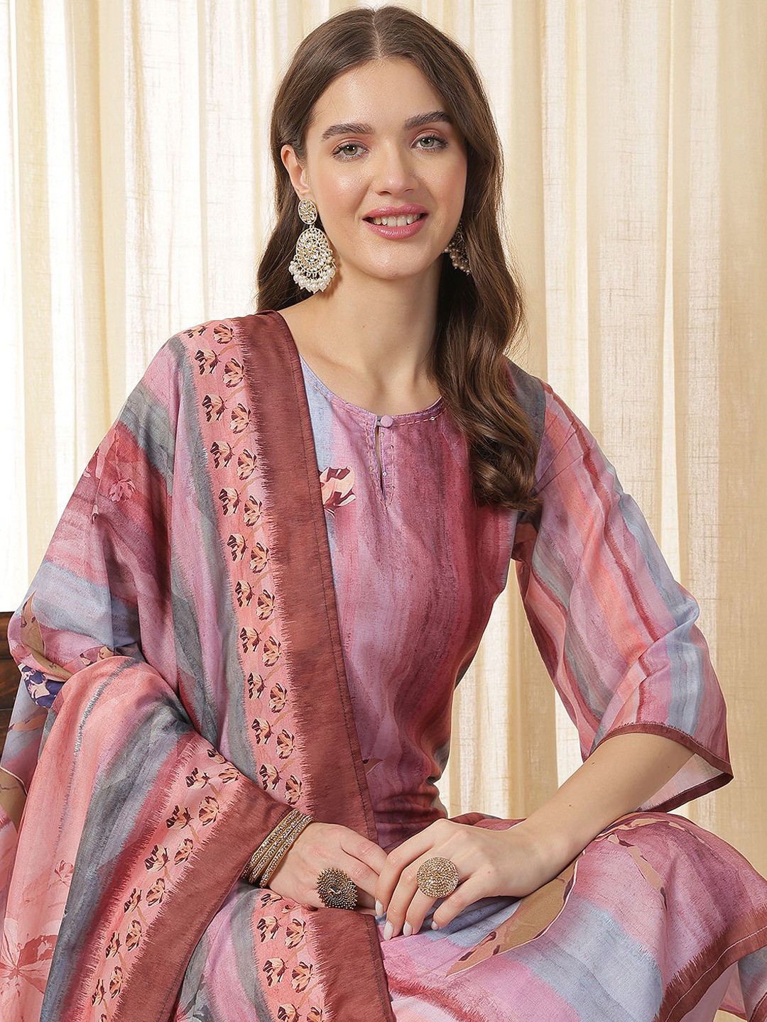 

Anouk Pink Floral Printed Keyhole Neck Pure Silk Straight Kurta With Trousers & Dupatta