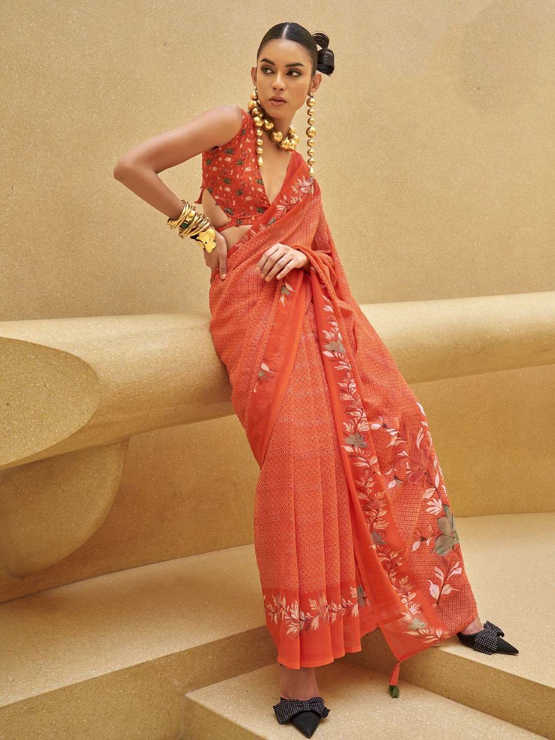

MAHALASA Pure Georgette Saree, Orange