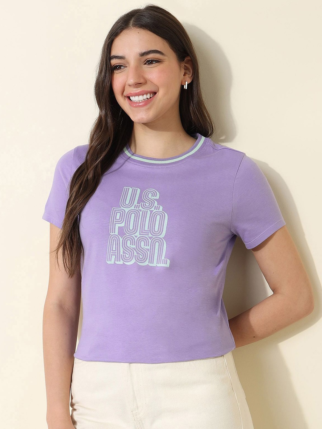 

U.S. Polo Assn. Women Regular Fit Typography Printed Round Neck Cotton T-shirt, Lavender