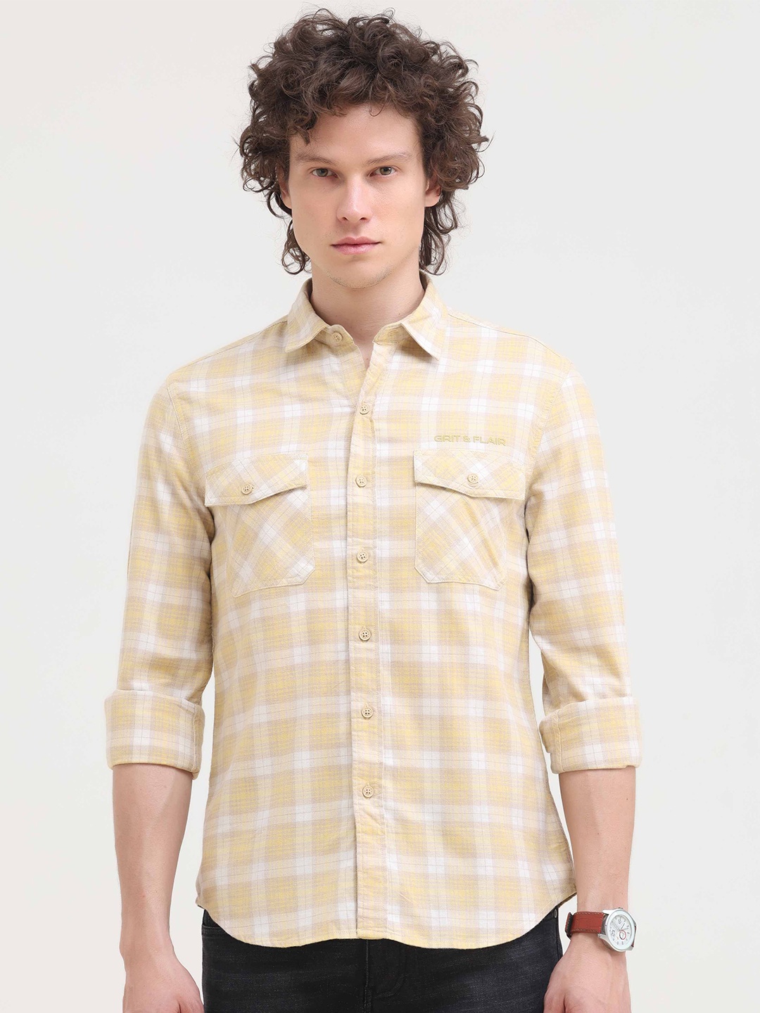 

Grit and Flair Men Comfort Fit Spread Collar Checked Cotton Casual Shirt, Yellow