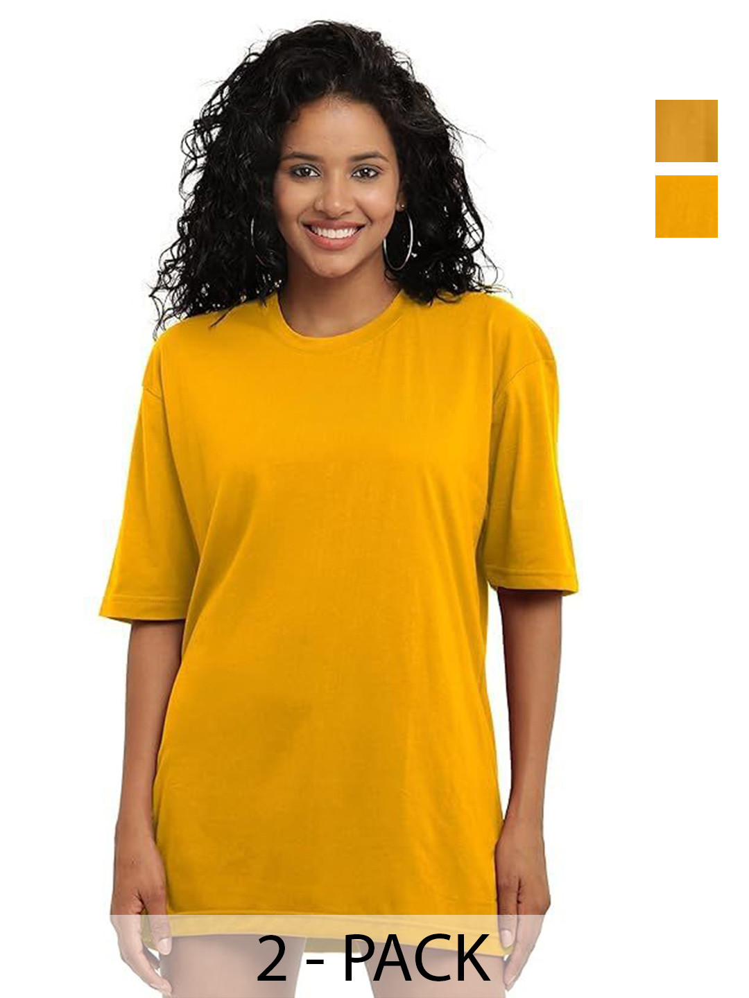 

NOTWILD Women Pack Of 2 Solid Round Neck Cotton T-shirts, Yellow