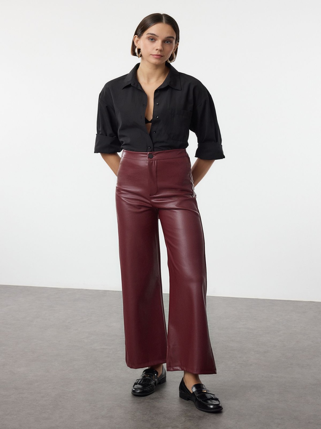 

Trendyol Women Faux Leather Regular Fit Trousers, Burgundy