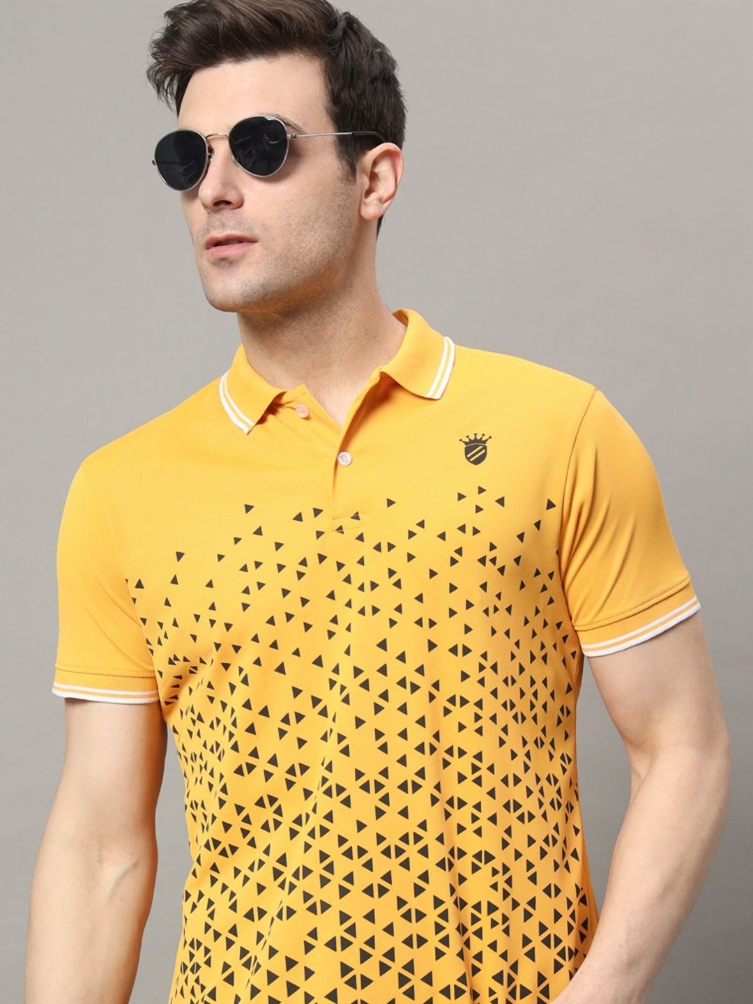 

RELANE Men Geometric Printed Polo Collar Cotton T-shirt, Yellow