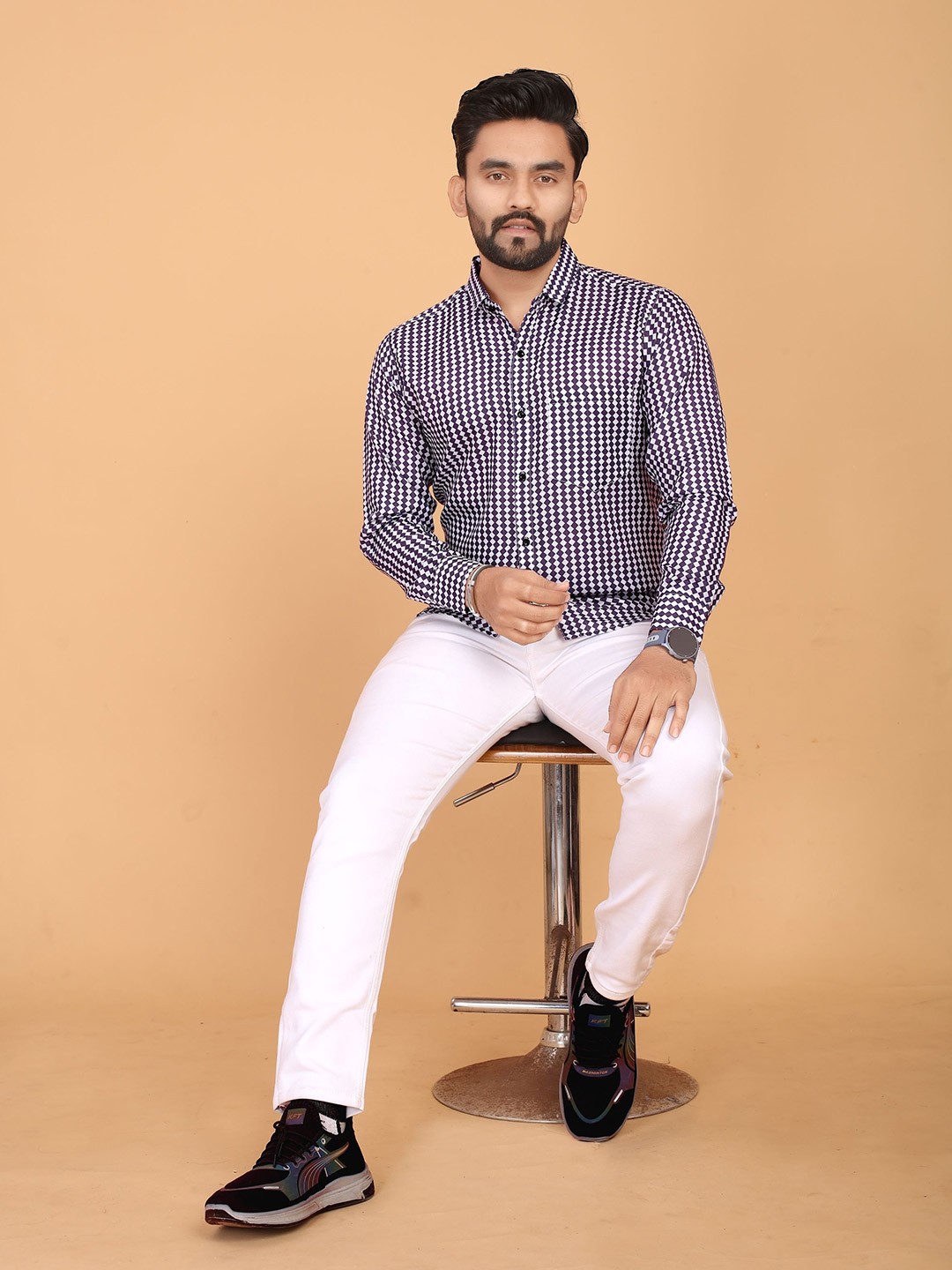 

STI Men Classic Fit Spread Collar Gingham Checked Casual Shirt, Purple