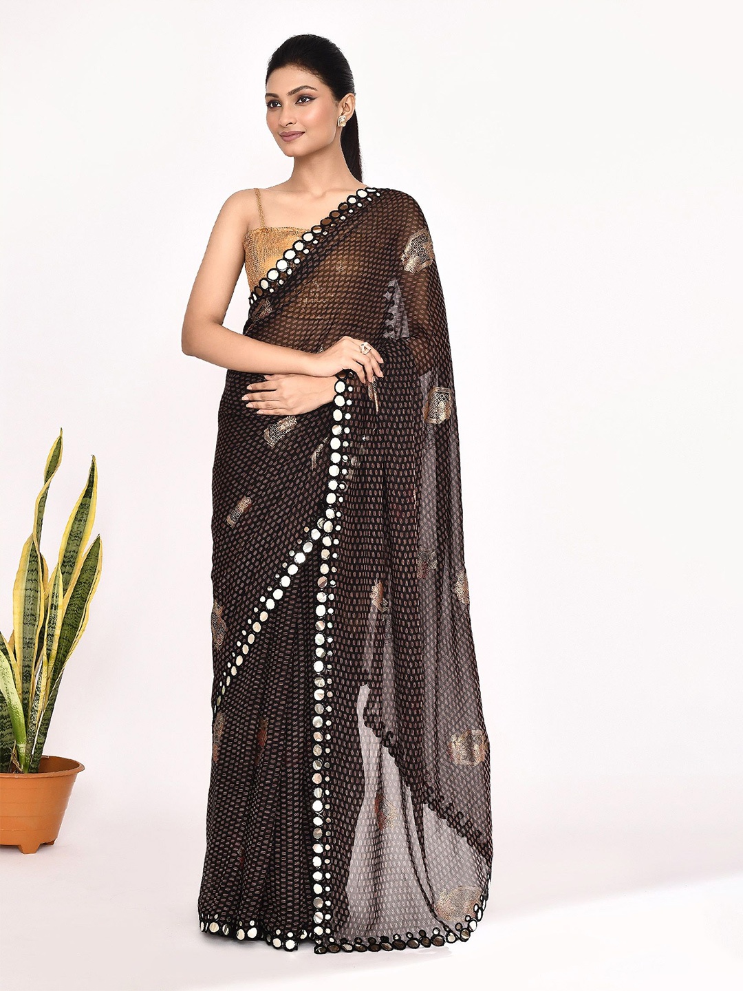 

Manu Designer Floral Mirror Work Pure Chiffon Saree, Brown
