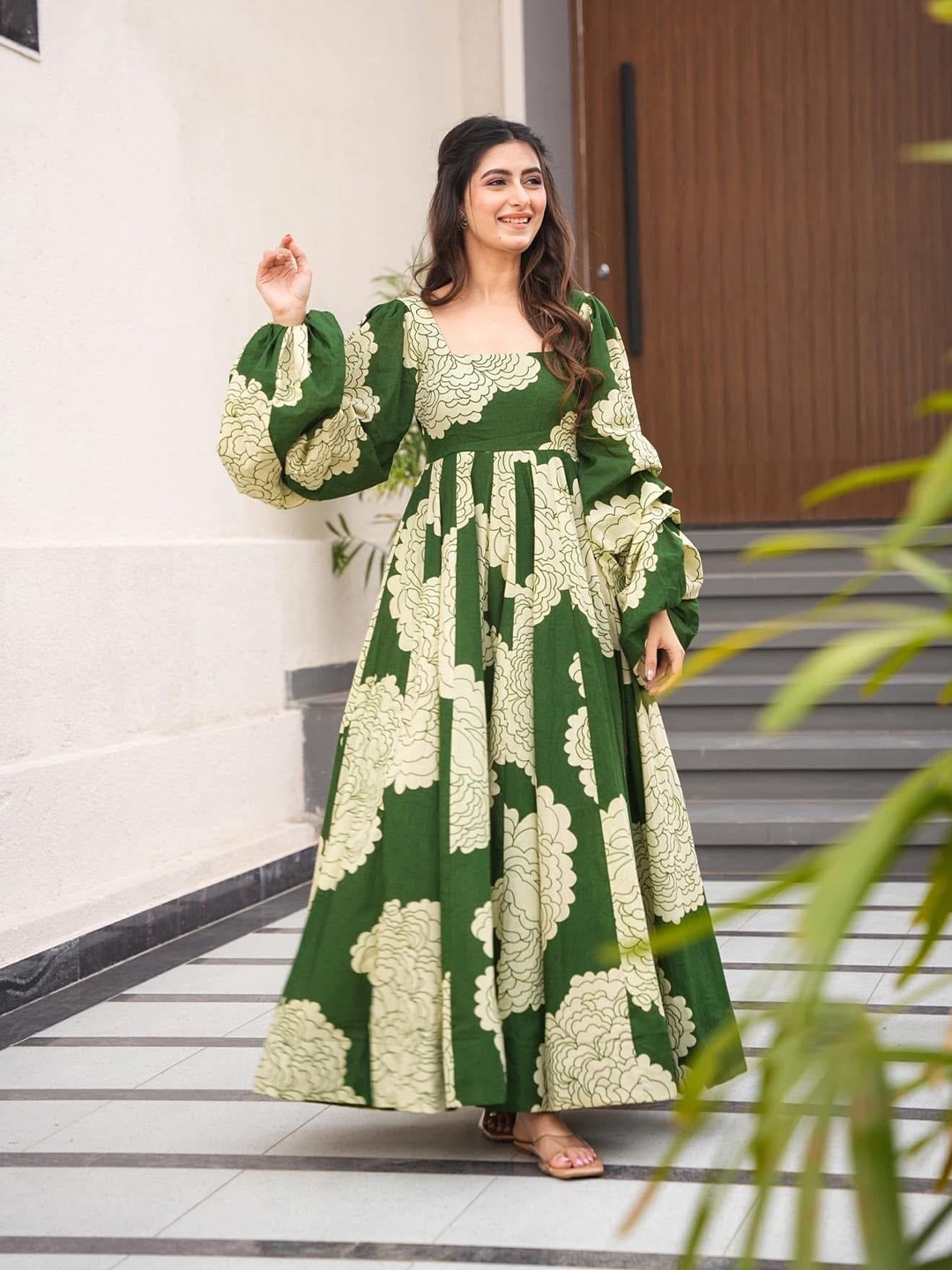 

WHATNOT STYLE Embellished Print Puff Sleeve Formal Maxi Dress, Green
