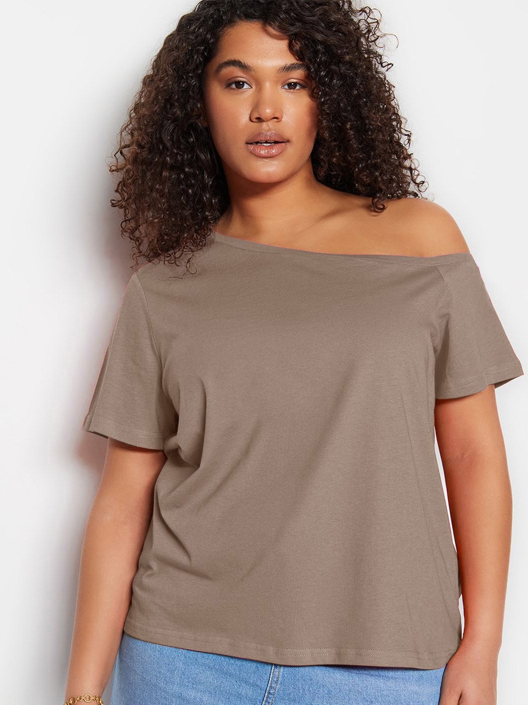 

Trendyol Women Off-Shoulder Pure Cotton Tshirts, Khaki