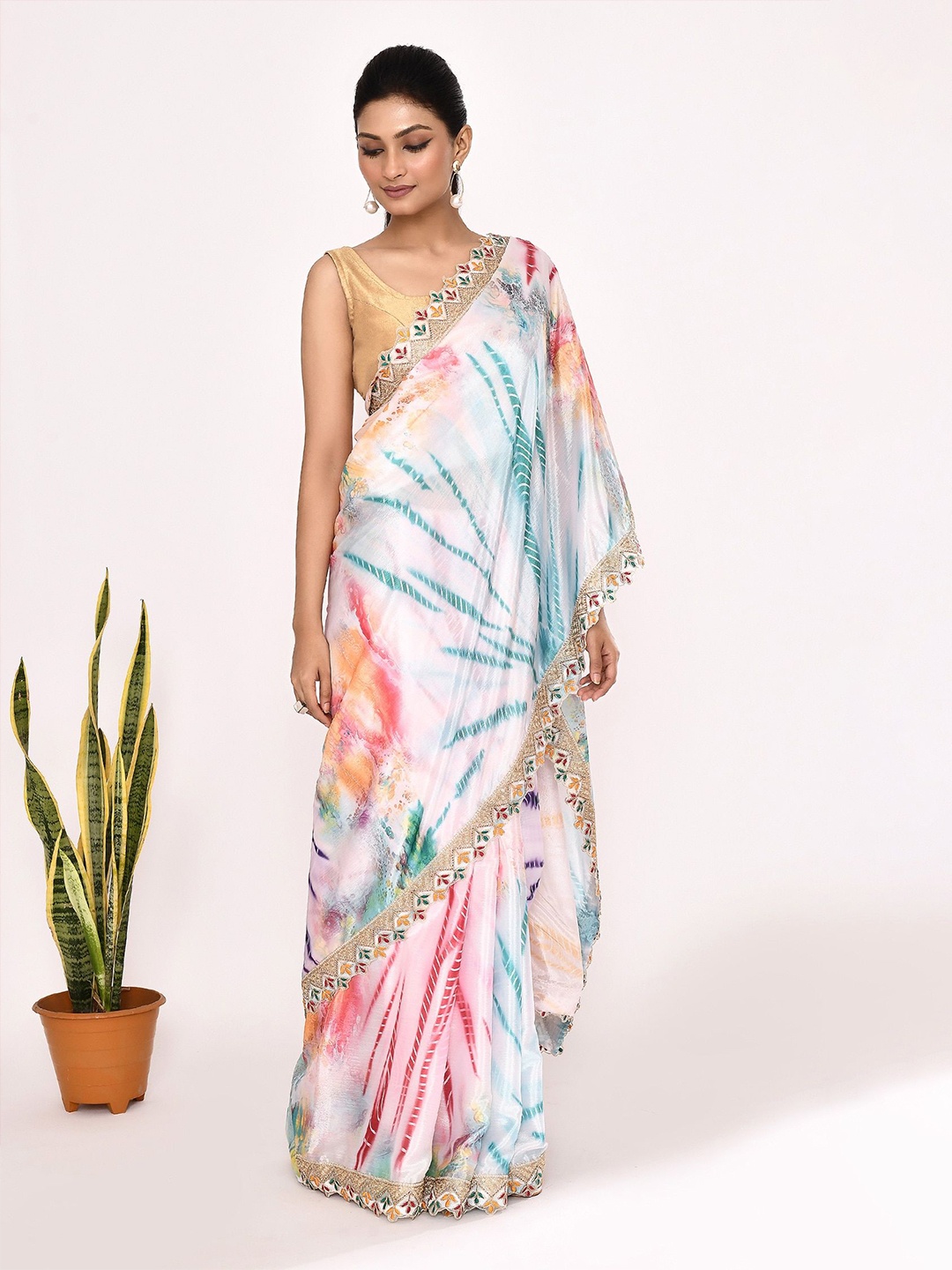 

Manu Designer Tie and Dye Embroidered Saree, White