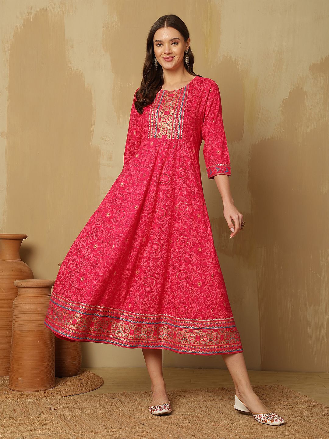 

Anouk Ethnic Motifs Flared Sleeve A-Line Midi Dress, Fuchsia