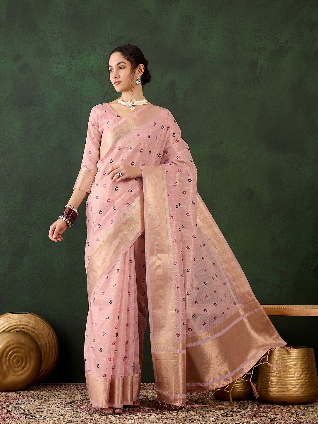 

KALINI Ethnic Motifs Printed Zari Organza Banarasi Saree, Peach