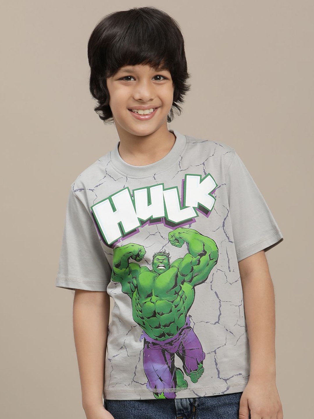 

Kids Ville Boys Hulk Graphic Printed Round Neck Cotton T-shirt, Grey