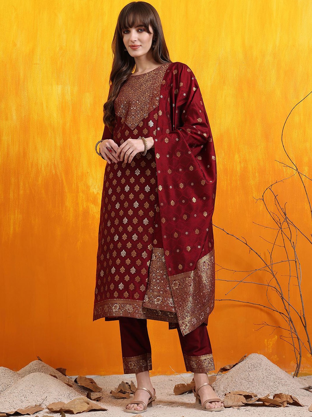 

KALINI Woven Design Boat Neck Straight Banarasi Jacquard Kurta With Trouser And Dupatta, Maroon